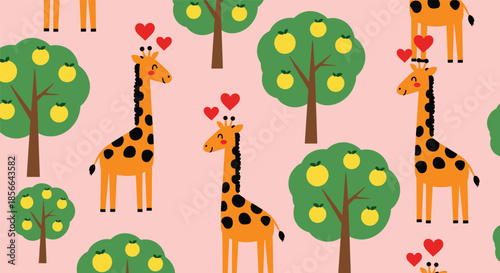 Lovely seamless pattern with cute giraffes in love under apple trees, with floating red hearts on a sweet pink background design.
