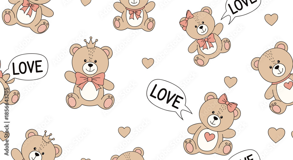 Obraz premium Cute seamless Valentine's pattern with adorable teddy bears, hearts, and 'LOVE' speech bubbles for a romantic celebration.
