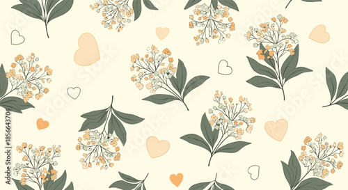 Romantic seamless pattern with delicate baby's breath floral bouquets and cute peach-colored hearts on a soft yellow background.