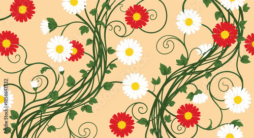 Cheerful seamless floral pattern with beautiful red and white daisies on swirling green vines against a warm peach background.