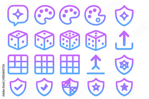 Colorful icons including game pieces and design elements arranged in a grid pattern for digital use in various applications
