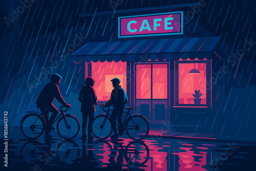 Bikers wait outside a cafe during heavy rain at night while enjoying conversation and the glowing lights from the shop