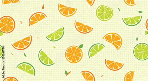 Refreshing seamless pattern with bright orange and lime citrus fruit slices on a subtle light green checkered background.