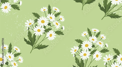 Beautiful seamless floral pattern with bouquets of fresh white chamomile or daisy flowers on a soft sage green background.