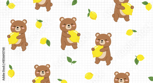 Cute seamless pattern of a happy brown bear character holding a fresh yellow lemon on a simple white grid paper background.