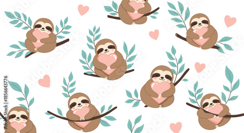 Adorable seamless Valentine's pattern with cute cartoon sloths hugging pink hearts while hanging on tree branches with leaves.