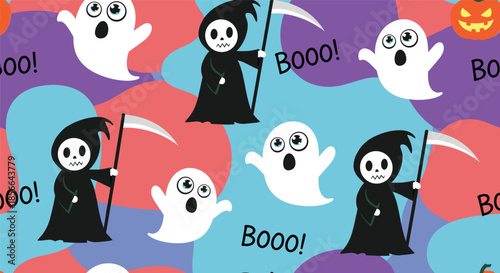 A colorful and spooky Halloween seamless pattern with cute ghosts and grim reapers saying 'boo' on an abstract background.