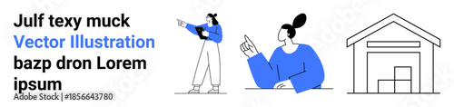 Two figures in casual poses interacting, pointing towards concepts, alongside a house outline. Ideal for communication, teamwork, creativity, instruction, education, brainstorming and a simple