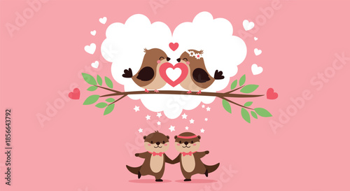 Cute Valentine's Day illustration with love birds on a branch and a couple of otters dancing under a heart-shaped cloud.