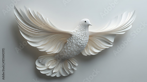 A white dove sculpture with outstretched wings against a plain gray background