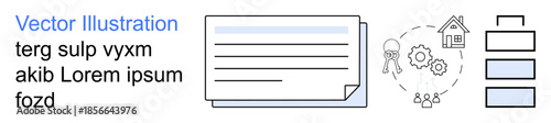 Project management, business processes, workflow, teamwork, automation, digital tools. Icons of documents, team collaboration gear house and hierarchical structure. Business processes and workflow