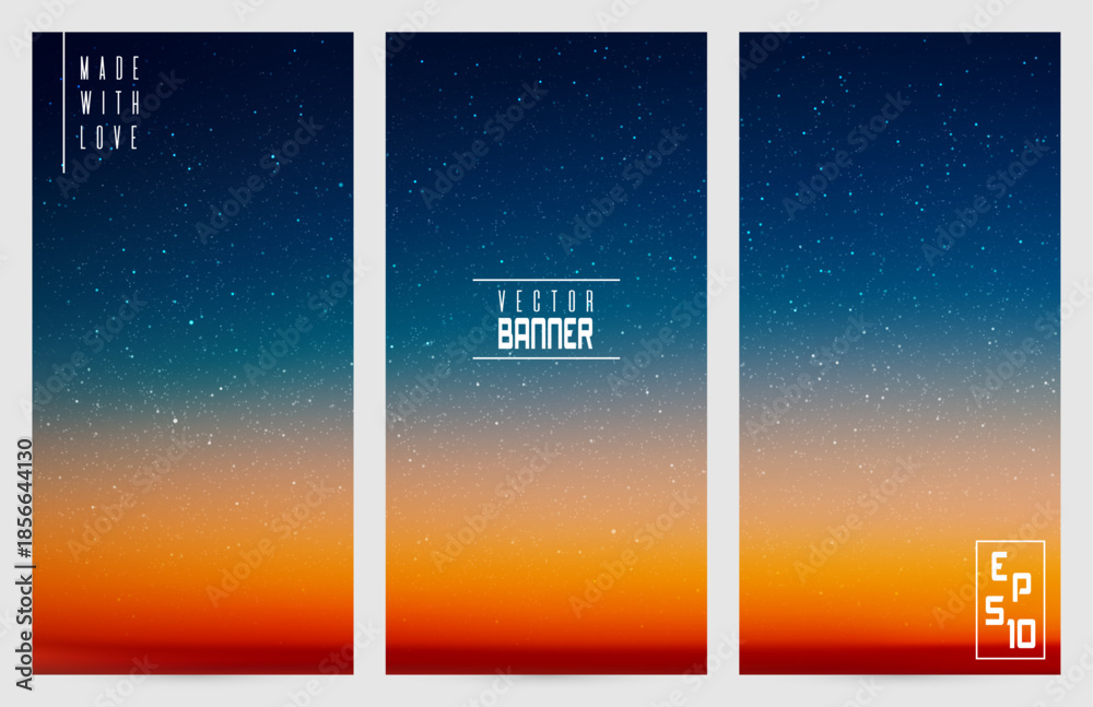 Naklejka premium Clouds and stars in space. Bright twilight abstract vector banners set