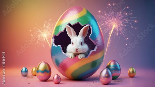 White Easter Bunny Emerging from a Cracked Rainbow Egg with Fireworks