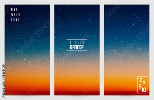 Clouds and stars in space. Bright twilight abstract vector banners set
