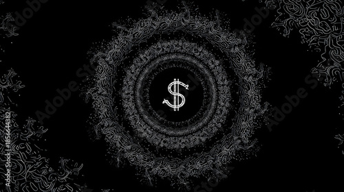 cynicism. A distorted spiral pattern featuring a currency symbol at its center in monochromatic graphic design style. pitch deck slides.
