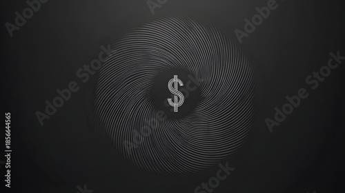 cynicism. A distorted spiral pattern featuring a currency symbol at its center in monochromatic graphic design style. pitch deck slides.