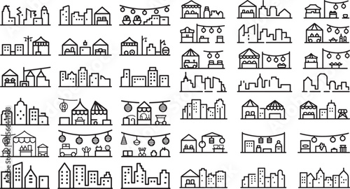 Collection of various city and town line icons and silhouettes in simple style