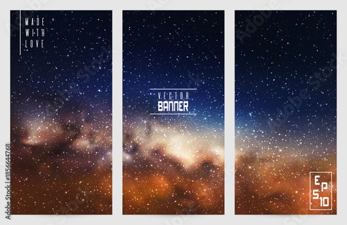 Night starry sky and Milky Way. Cosmic orange blue vertical banner set