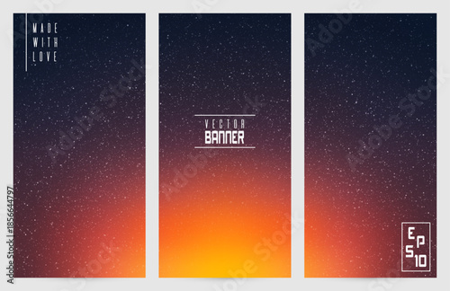 Clouds and stars in space. Orange blue twilight vector banners set