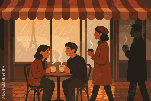 Couples enjoy warm drinks while others pass by a cafe near the Eiffel Tower during a rainy evening in Paris