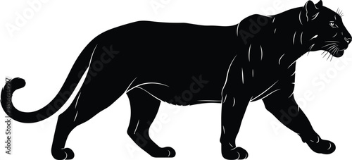 Black panther silhouette vector illustration, powerful feline predator walking in side view profile, majestic wild cat for mascot, logo, and wildlife design,