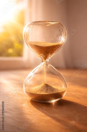 Golden light illuminates a classic sand timer as grains of time steadily flow through the glass, symbolizing the constant passage of moments on a wooden desk