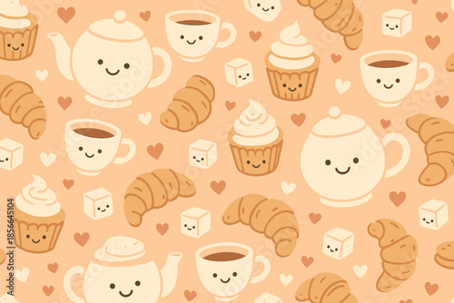 Cute pattern with tea, cups, croissants, cupcakes, and sugar cubes on an orange background showcasing cheerful designs