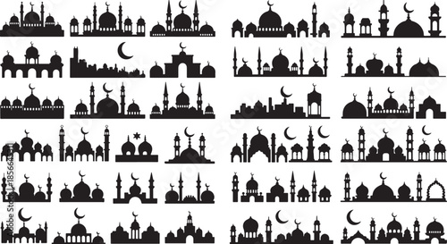 Collection of various mosque silhouettes and skyline profiles with domes and minarets