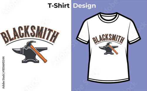 Blacksmith typography t-shirt design with anvil and hammer for craft logo, metal work badge, industrial forge emblem and isolated vector graphic illustration