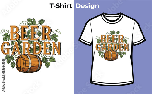 Beer garden typography t-shirt design with mug and hops for pub logo, outdoor drinking badge, alcohol bar emblem and isolated vector graphic illustration