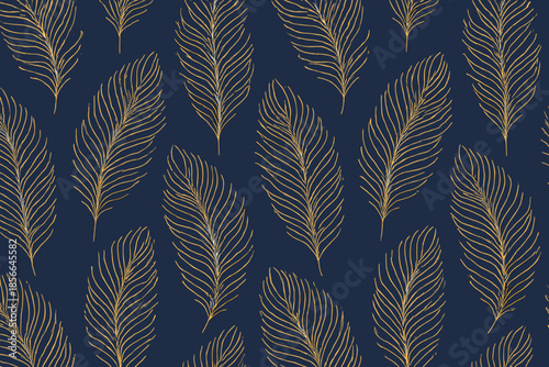 Patterns of leaves in gold on dark blue background with repeating design for use in textiles and wallpaper in various settings