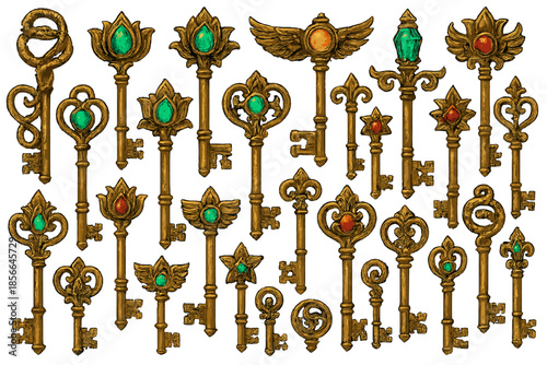 Different types of keys with unique designs and colors arranged on a white background showing various patterns and shapes