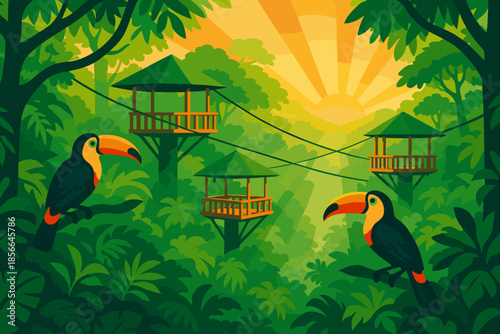 Toucans sit on branches in a green jungle with tree houses and sunrise in the background