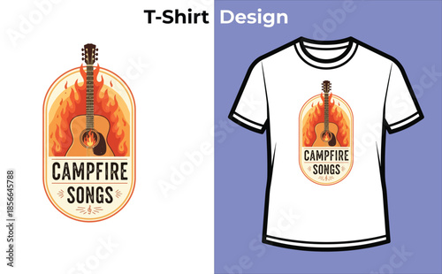 Campfire songs typography t-shirt design with guitar for outdoor music logo, camping acoustic badge, nature sound emblem and isolated vector graphic illustration