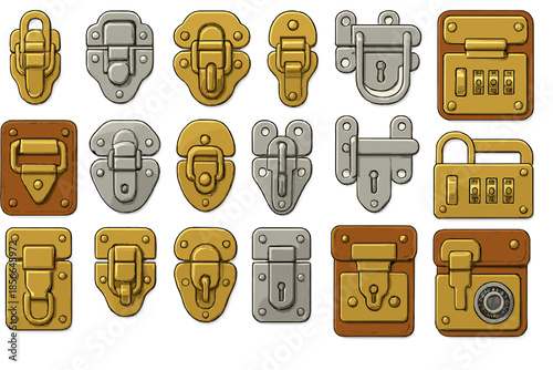 Different types of locks and fasteners in various colors and designs on a plain background for use in artwork or design
