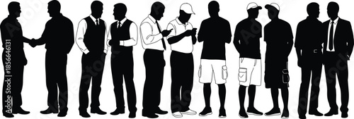 Businessmen silhouette vector illustration set with diverse male characters shaking hands and networking, professional men in suits isolated on white background for corporate,
