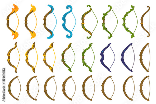 Different types of bows displayed in a line showcasing design and colors by an artist in a studio or workshop setting