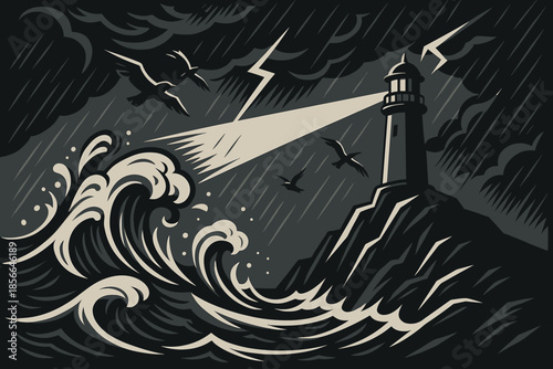 Stormy waves crash against a lighthouse while lightning strikes and birds fly in a dark sky