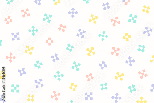 Colorful geometric pattern on a white background featuring small shapes and designs scattered throughout the space for decorative purposes
