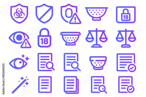 Collection of safety and security icons showing warning signs and symbols related to protection and regulation