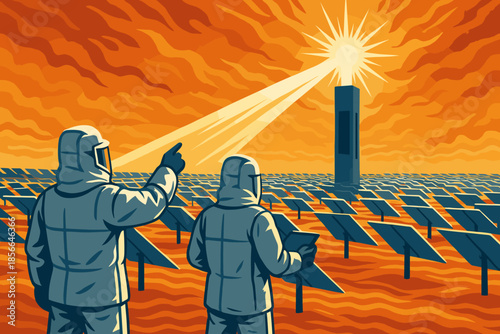 Scientists observe solar energy setup while discussing its potential impact on renewable energy sources