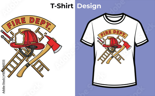 Fire dept typography t-shirt design with axes and helmet for rescue logo, emergency service badge, safety protection emblem and isolated vector graphic illustration