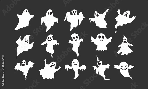 Collection of White Ghost Silhouettes on Black.