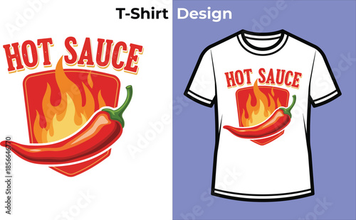 Hot sauce typography t-shirt design with chili pepper for food logo, spicy condiment badge, flavor heat emblem and isolated vector graphic illustration