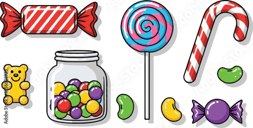 Assortment of colorful hard candies and jelly beans scattered around a glass jar filled with sweet treats creating a delightful sugary collection for confectionery enjoyment