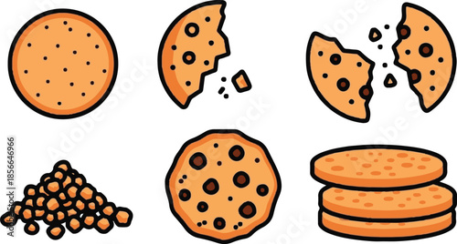 Set of six illustrated chocolate chip cookies showing various stages of eating breakage and crumbs isolated on a black background for food design.