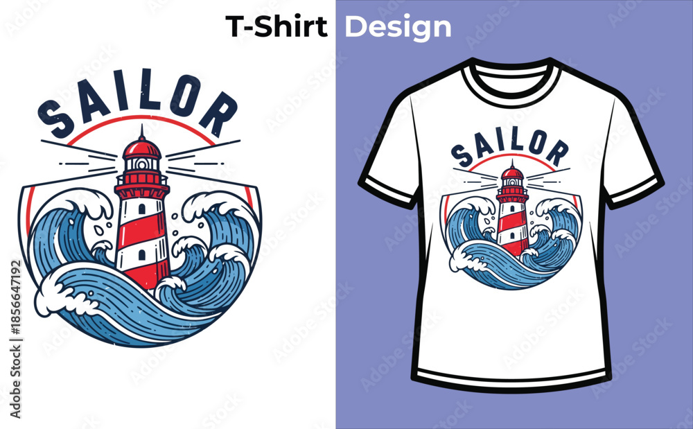 Fototapeta premium T-shirt design, Sailor Lighthouse Waves Vector Graphic Print Apparel Template