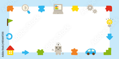 プログラミング パズル アイコン 横長フレーム 手描き パステル