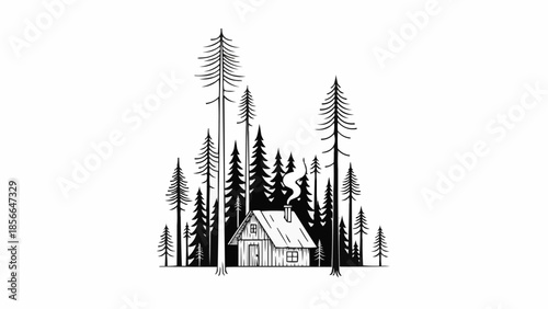 Rustic cabin nestled among tall pine trees in a forest setting.