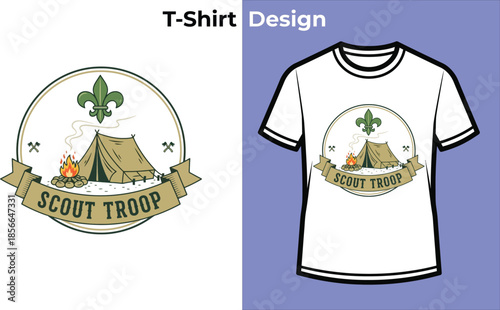 Scout troop typography t-shirt design with camping tent for adventure logo, outdoor nature badge, hiking camp emblem and isolated vector graphic illustration